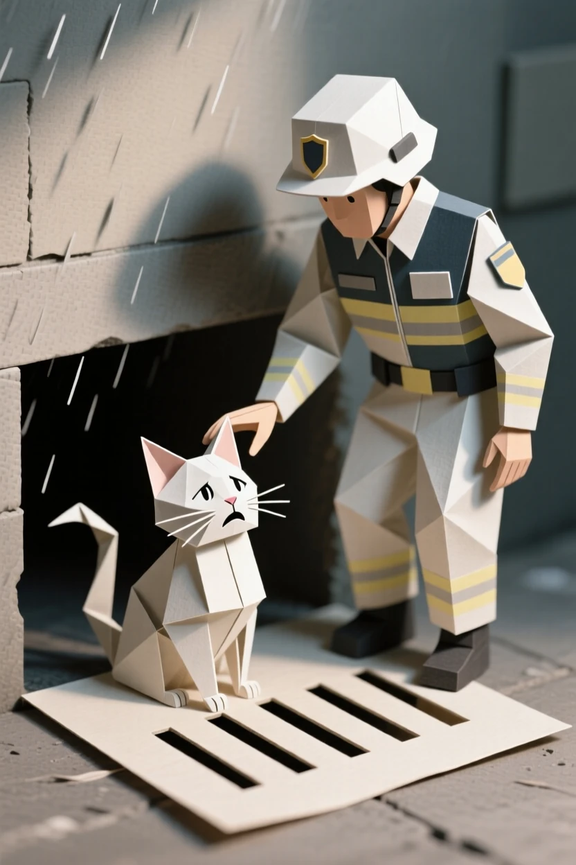A rescue worker comforting a frightened kitten pulled from a storm drain.