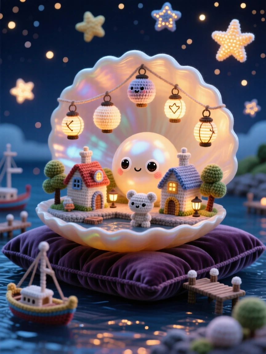 a miniature harbor town built inside a giant pearl, glowing with a soft inner light, resting on a velvet cushion, drifting through a sky scattered with stars, with a cluster of miniature glowing lanterns, evoking gentle magical wonder.