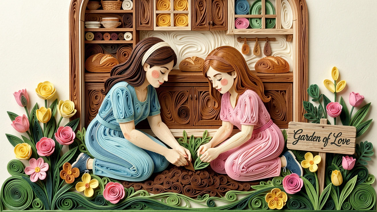 a mother and daughter planting flowers in a garden, in a cozy kitchen filled with the smell of fresh bread, shown from a gentle, heartfelt eye-level perspective, with soft shadows adding quiet intimacy.