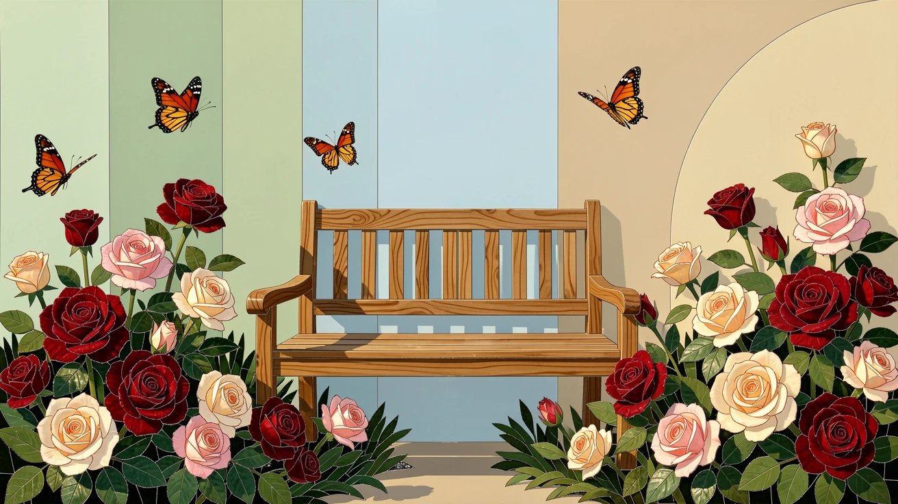 A charming, nostalgic scene of a peaceful garden bench surrounded by blooming roses and butterflies, evoking calm and comfort.