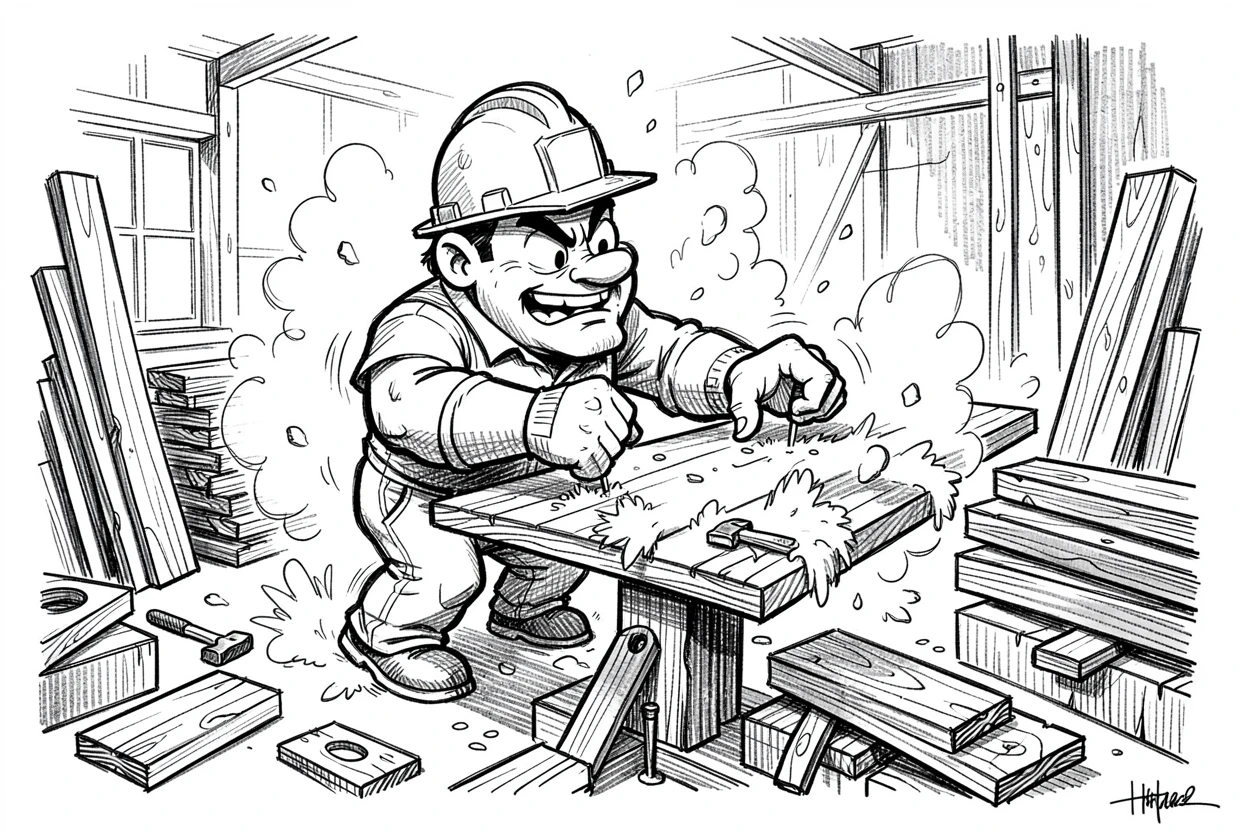 A construction worker building a treehouse in a workshop filled with sawdust and tools.
