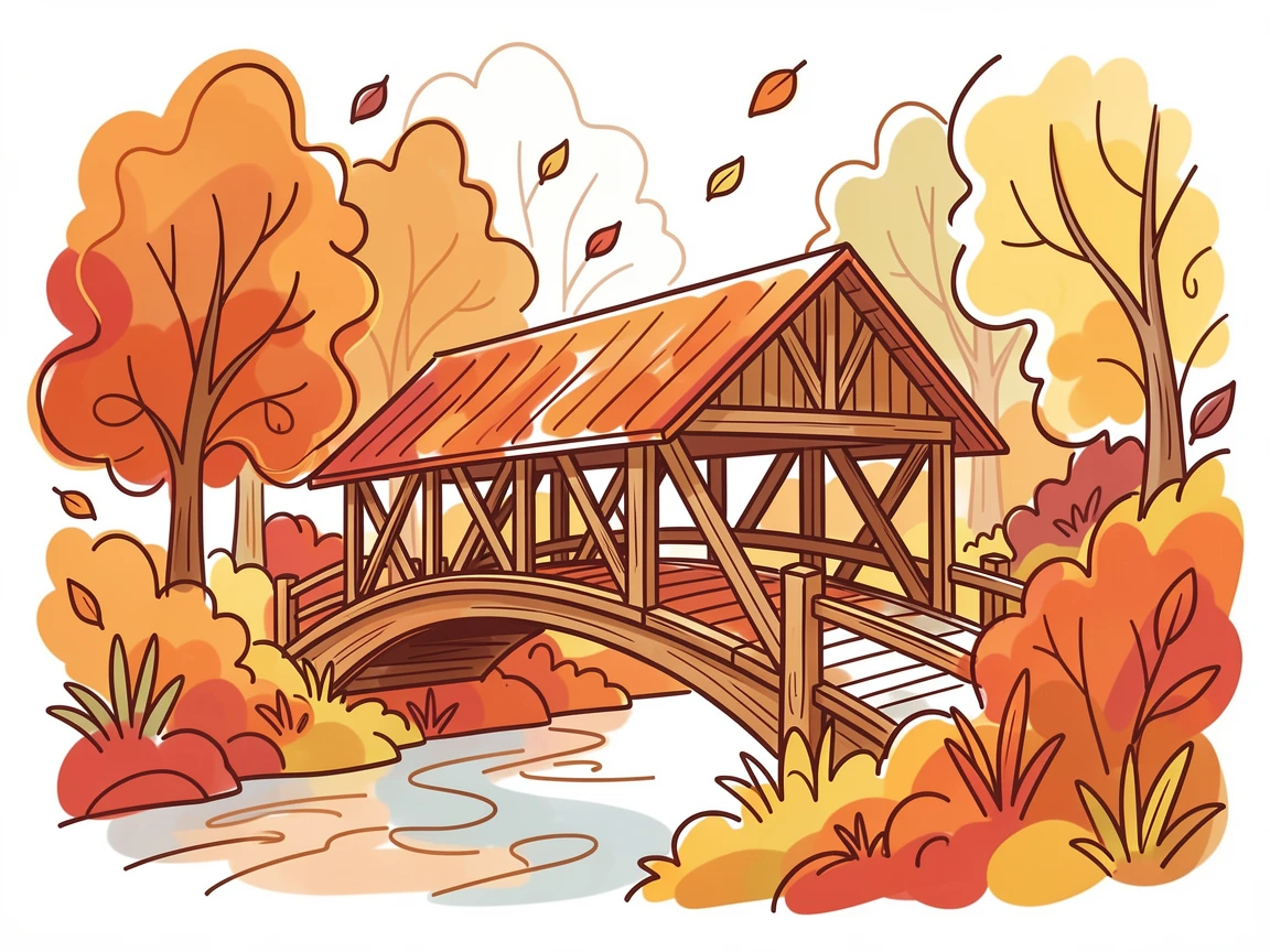 An autumn covered bridge surrounded by a blaze of orange and red foliage.