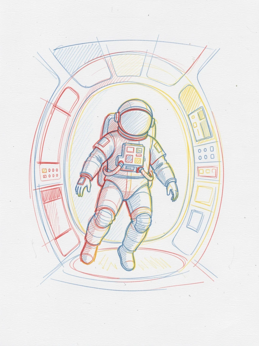 An astronaut floating serenely inside a glowing spacecraft cabin