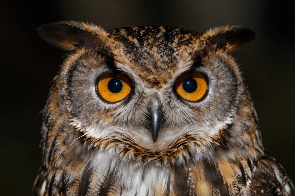A close-up of an owl's piercing amber eyes at night