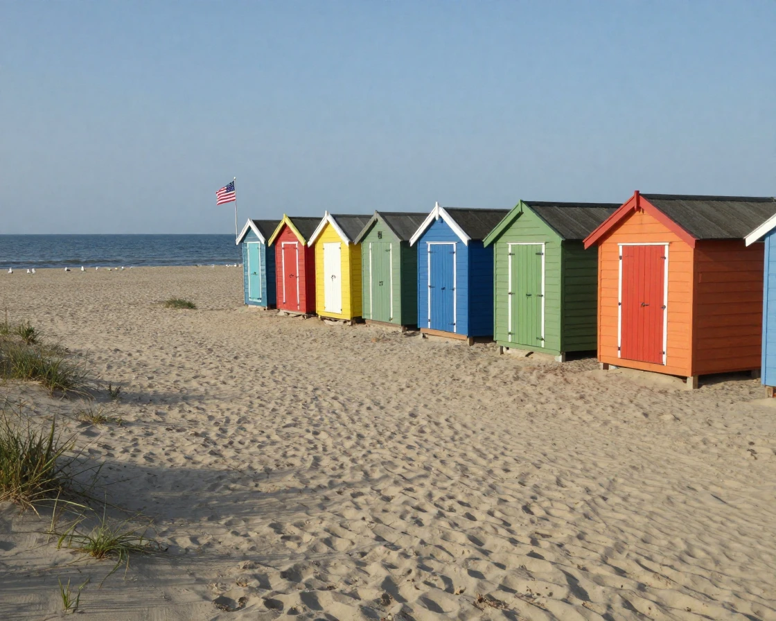 A row of colorful beach huts lines a quiet stretch of pale sand.