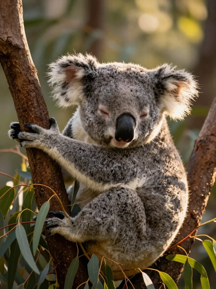 A sleepy koala clinging to a eucalyptus branch in the soft afternoon light