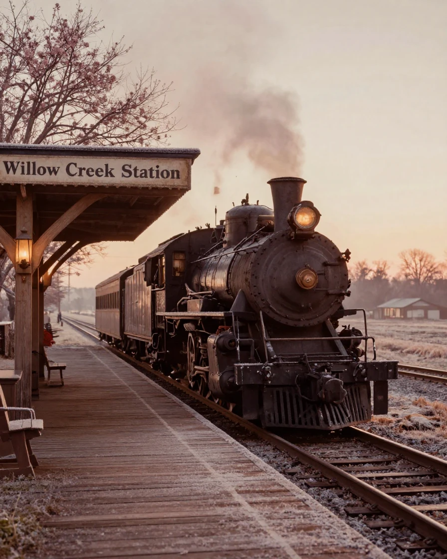 A vintage steam locomotive pulling into a quiet countryside station, under flickering candlelight, with frost coating every surface, as spring blossoms unfurl, in earthy terracotta and ochre shades, from behind, looking toward the horizon.