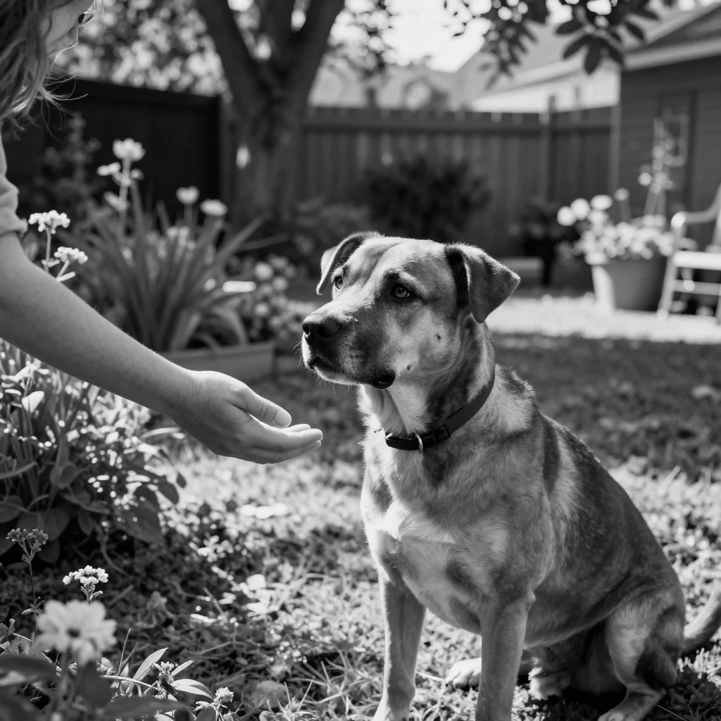 A rescued shelter dog learns to trust its new family in a quiet backyard garden.