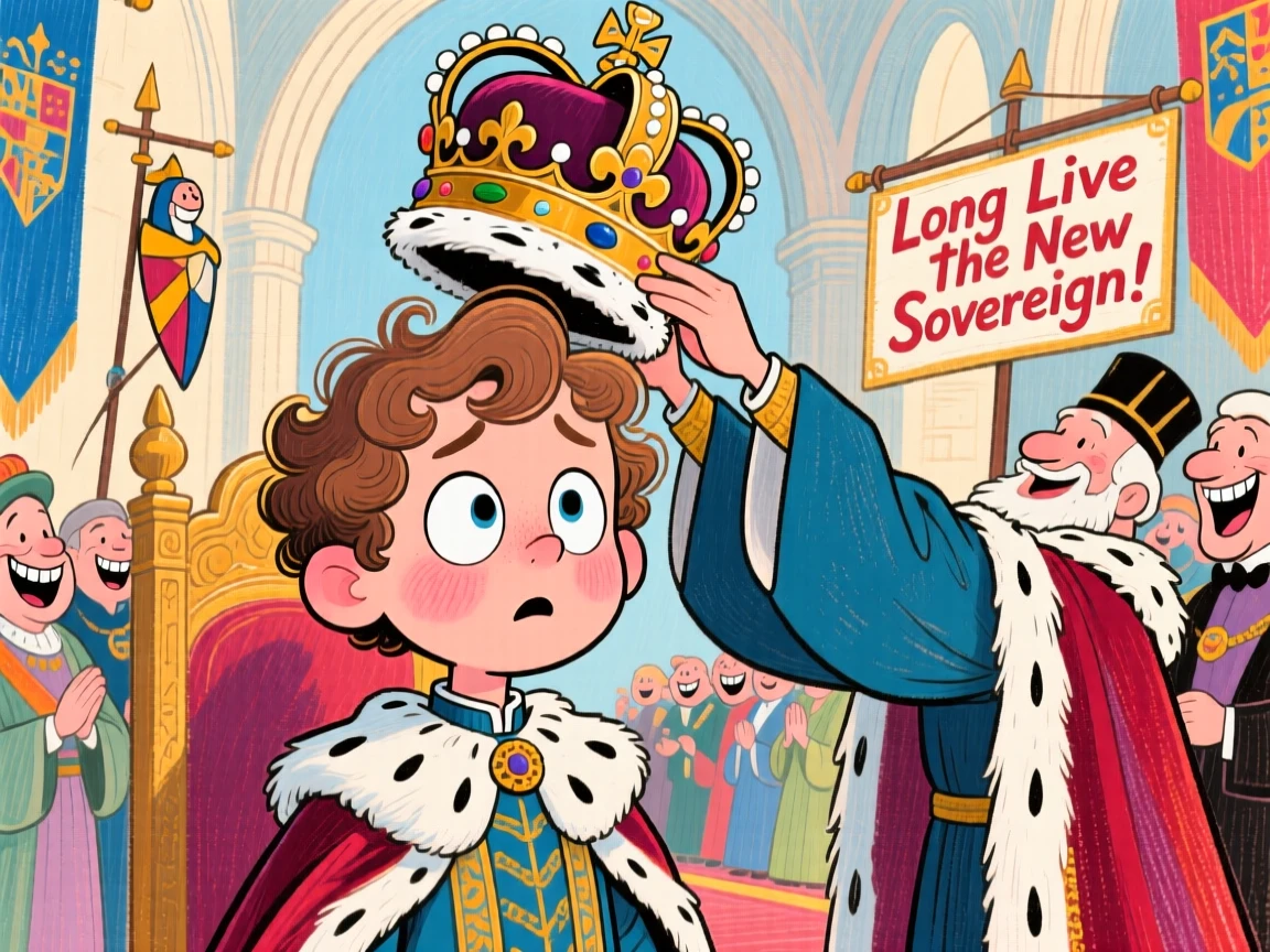 A royal coronation ceremony with a crown being lowered onto a young ruler's head.