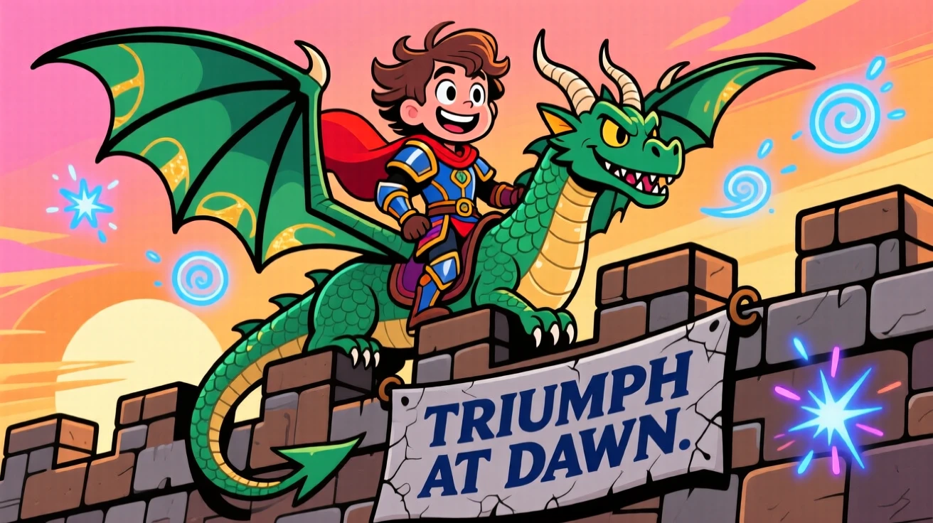 An imaginative fantasy scene of a daring dragon rider standing triumphantly atop a castle wall at sunrise, as sparks of magic swirl through the air.