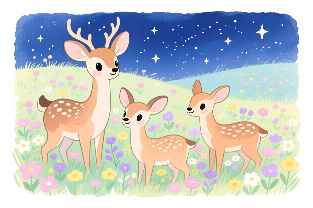 A serene landscape of a meadow of wildflowers dotted with grazing deer under a blanket of stars