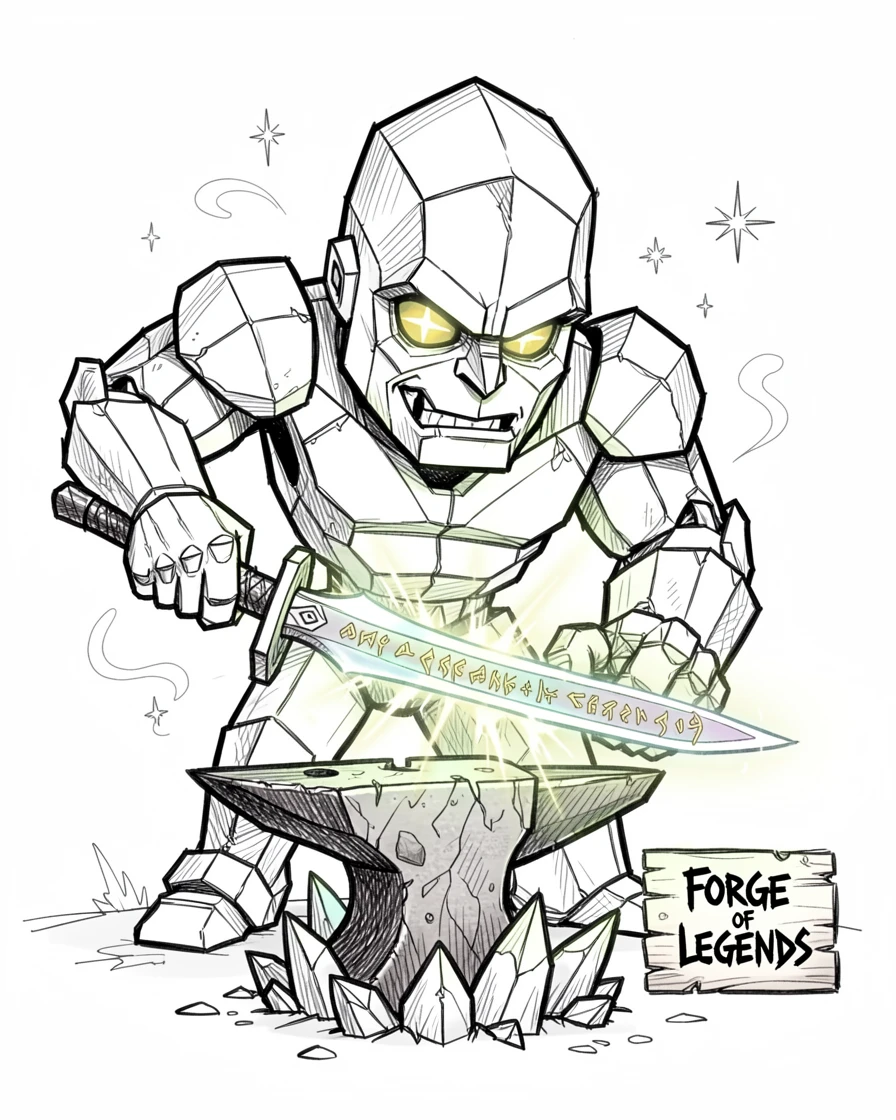 [Fantasy & Imaginative Scenarios] Imaginative fantasy scene of a valiant crystal golem forging a legendary enchanted blade, brimming with wonder