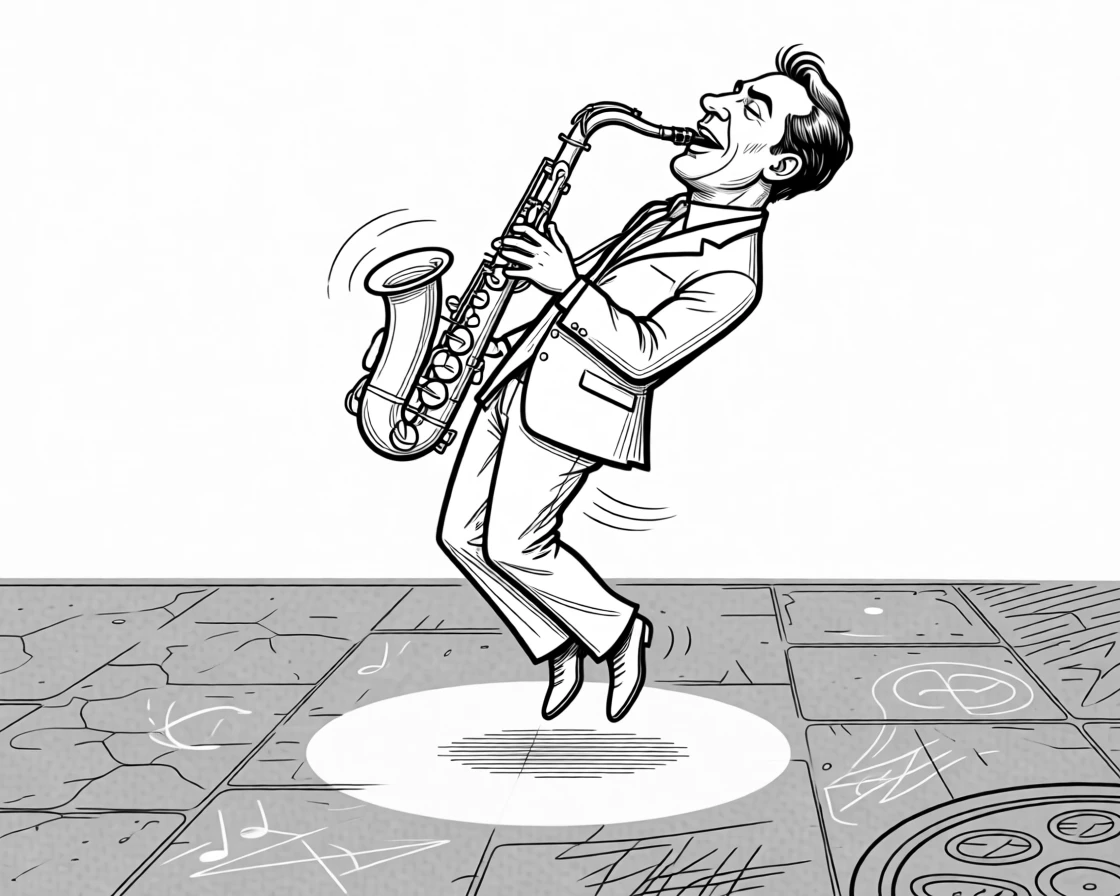 A jazz saxophonist leaning back in an emotional solo, hovering impossibly high above the stage floor, set on a cardboard-flattened city sidewalk. A single spotlight follows every twirl. It radiates the joy of losing yourself completely in sound.