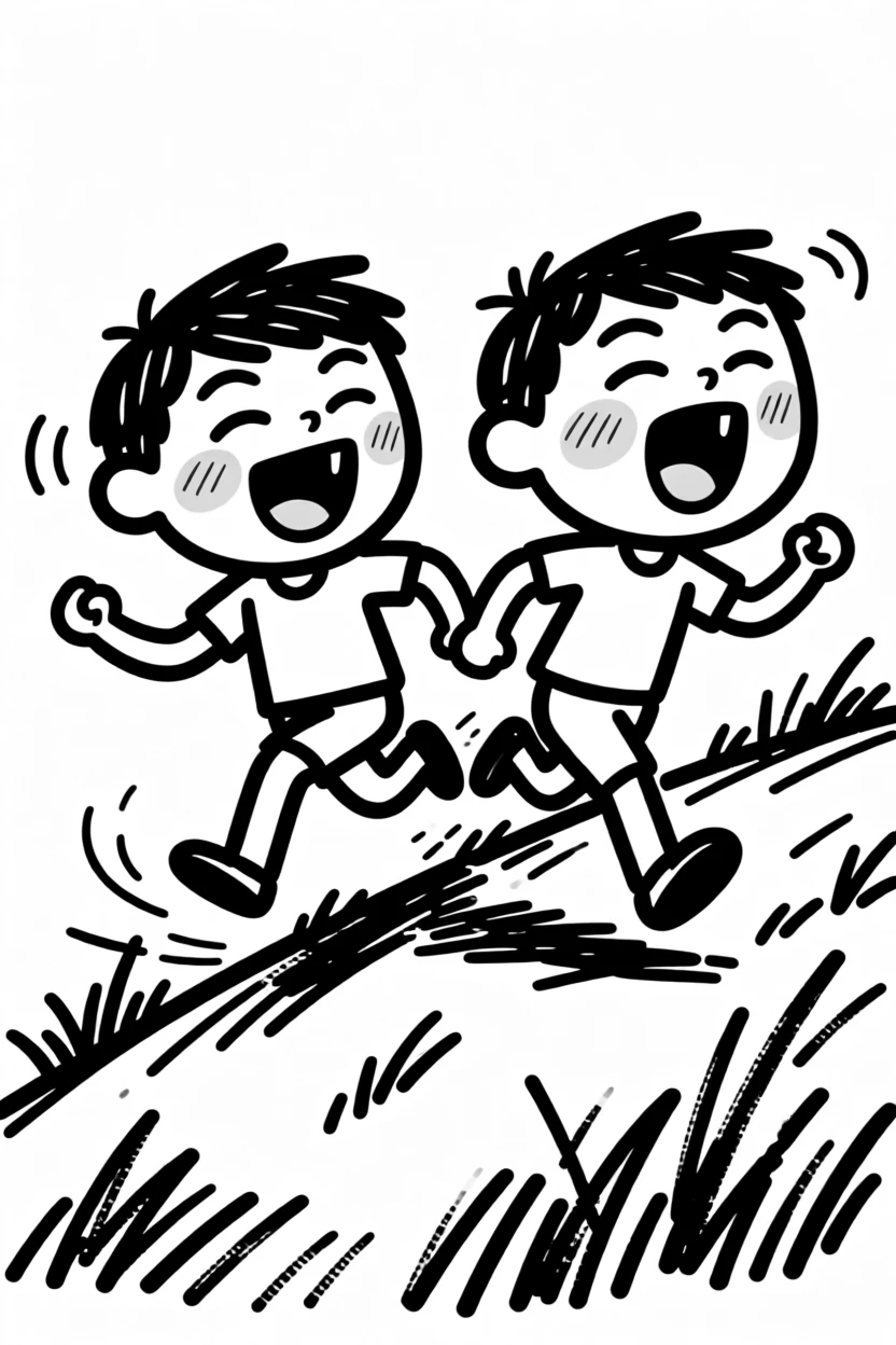 Siblings racing each other down a grassy hill, both laughing as they tumble at the bottom.