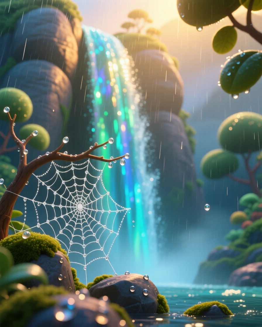 A towering waterfall glows while a gentle rain begins to fall, with delicate spider webs beaded with dew. A deep sense of peace and quiet awe fills the scene.
