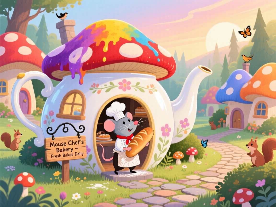 A tiny mouse chef is running a bakery inside a giant teapot in a neighborhood of mushroom-cap houses, with color spilling from every rooftop.