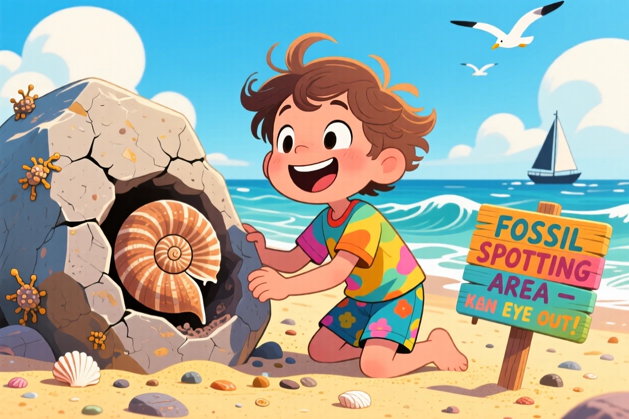 A child discovering a fossil embedded in a rock at the beach.
