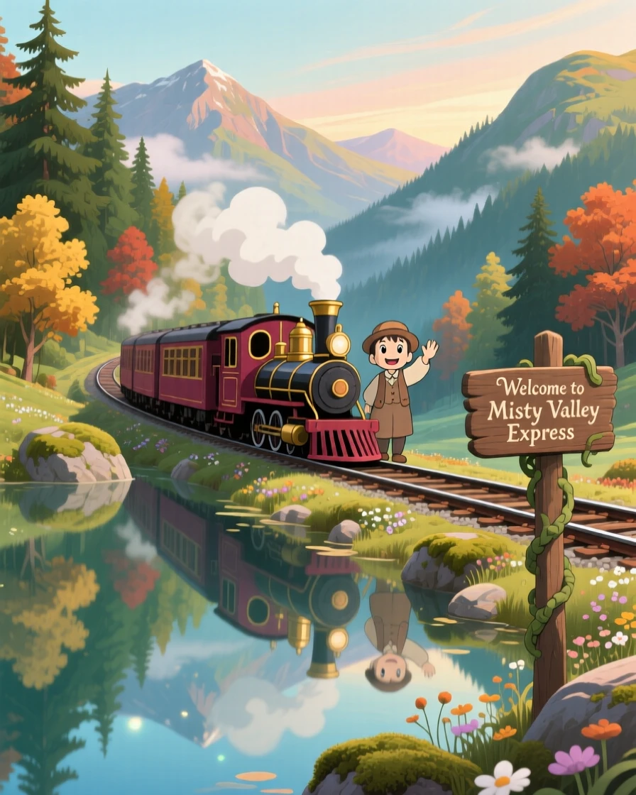A charming scene of a vintage steam train winding through a mountain valley, reflected in the still water below.