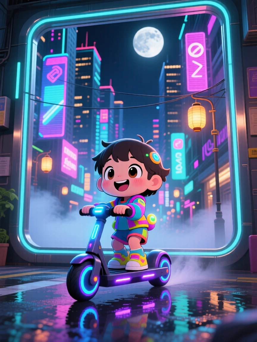 A child riding a hover-scooter through a neon-lit city street, framed as a framed through a window within a glowing futuristic cityscape at night, on a misty foggy morning, glowing under soft moonlight, evoking giggling amusement.