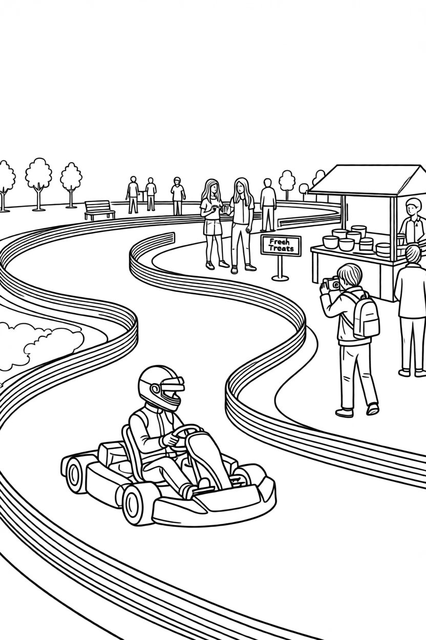 A go-kart racing around a neon-lit track, with locals and travelers strolling nearby.
