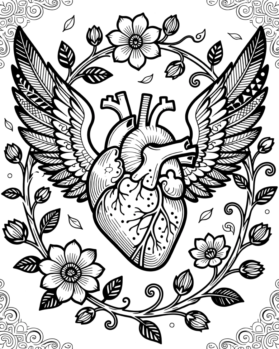 A pair of wings sprouting from a heart wrapped in blooming vines.