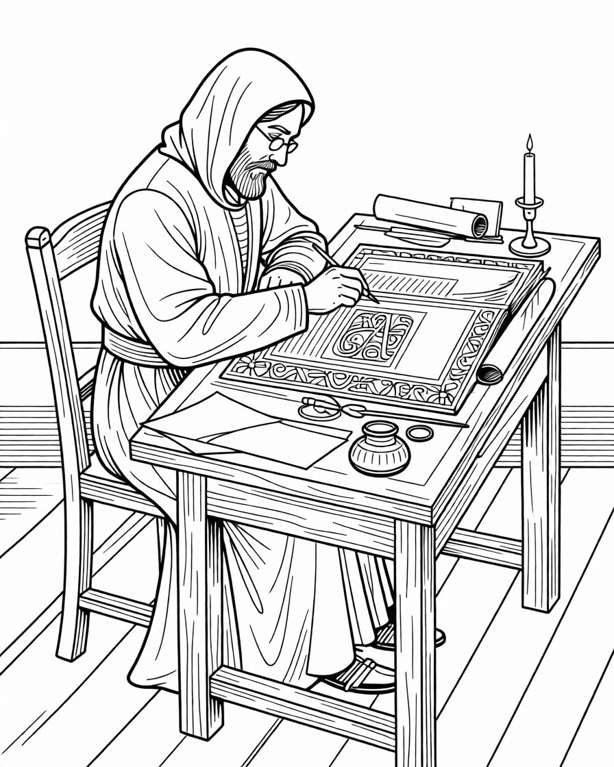 A medieval scribe copying an illuminated manuscript