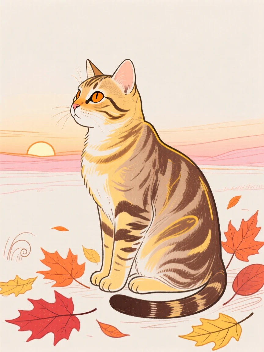 A tabby cat watching the horizon among autumn leaves at sunrise.