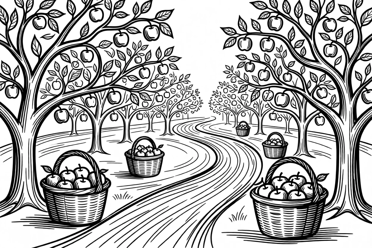 An autumn apple orchard with baskets of freshly picked apples.