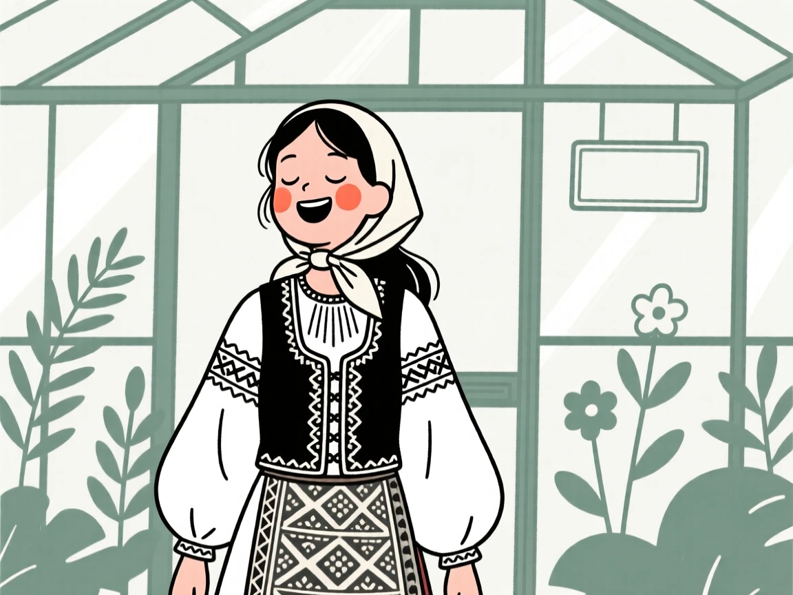 A teenage girl of Iranian heritage wearing a Greek folk costume, laughing with eyes closed, in a botanical garden greenhouse.