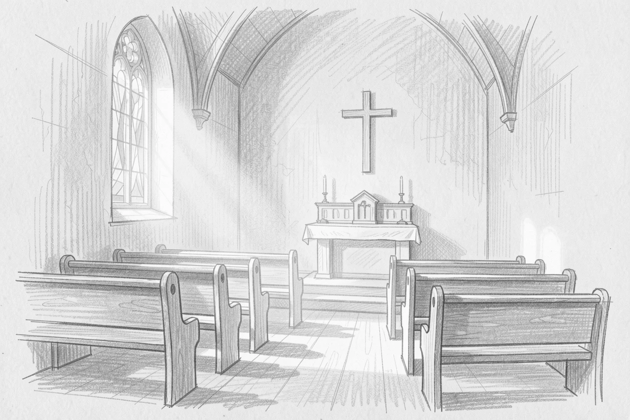 A serene, inspiring scene of a quiet chapel filled with soft morning light, in complete stillness and silence, offering a feeling of quiet gratitude.
