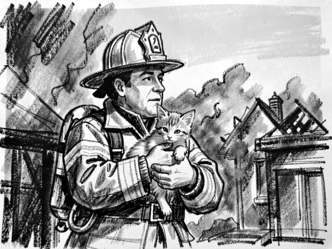 A firefighter carrying a rescued kitten from a burning building, under a clear blue midday sky.
