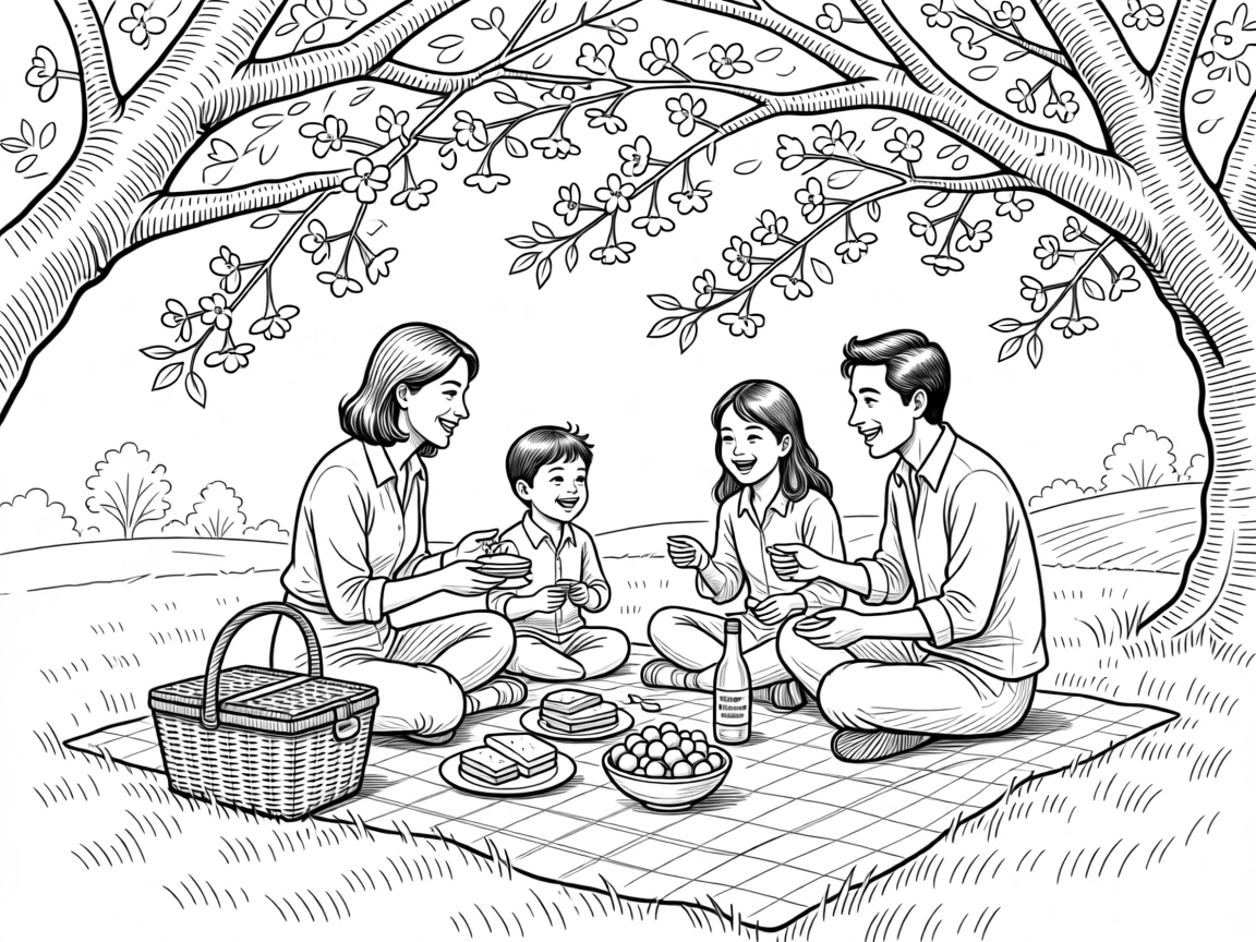 A beautifully set picnic celebration beneath a canopy of cherry blossoms.
