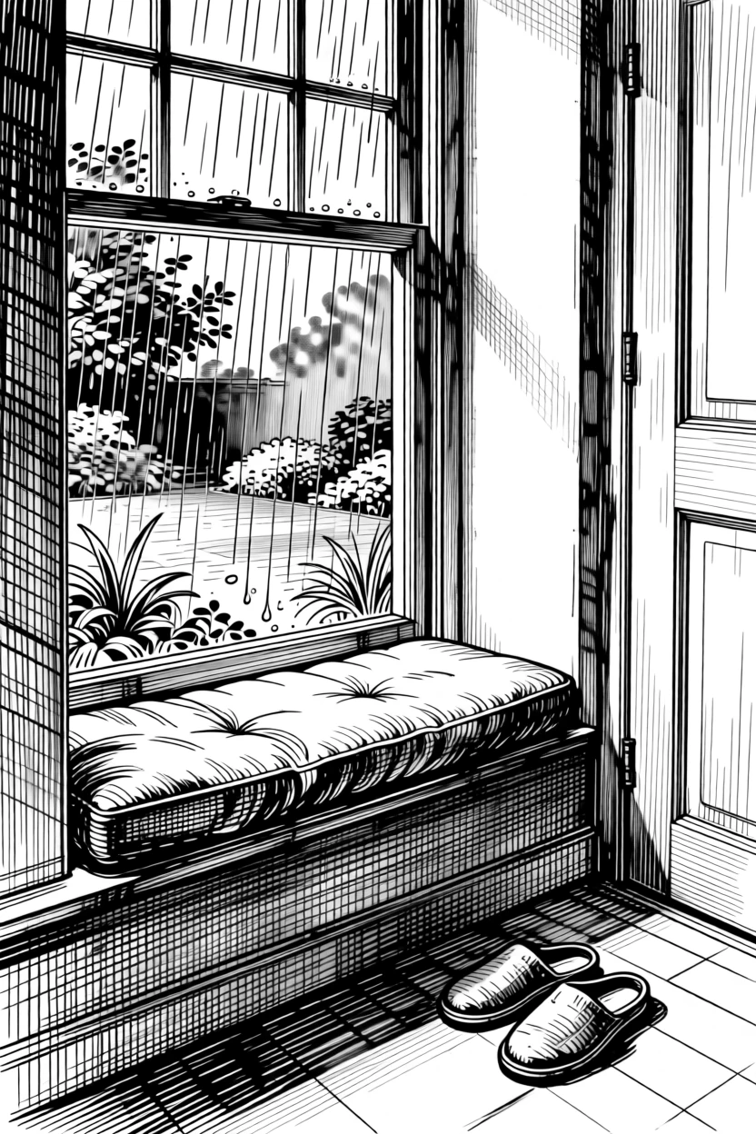A window seat overlooking a rain-streaked garden with the sound of rain tapping softly nearby, with a pair of slippers resting by the door, evoking a warmly comforting sense of calm.