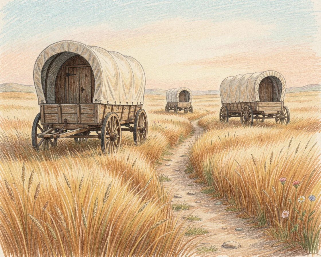 A covered wagon trail winding through golden grasslands, captured in a quiet, intimate moment full of atmosphere, celebrating a moment people would love to revisit.