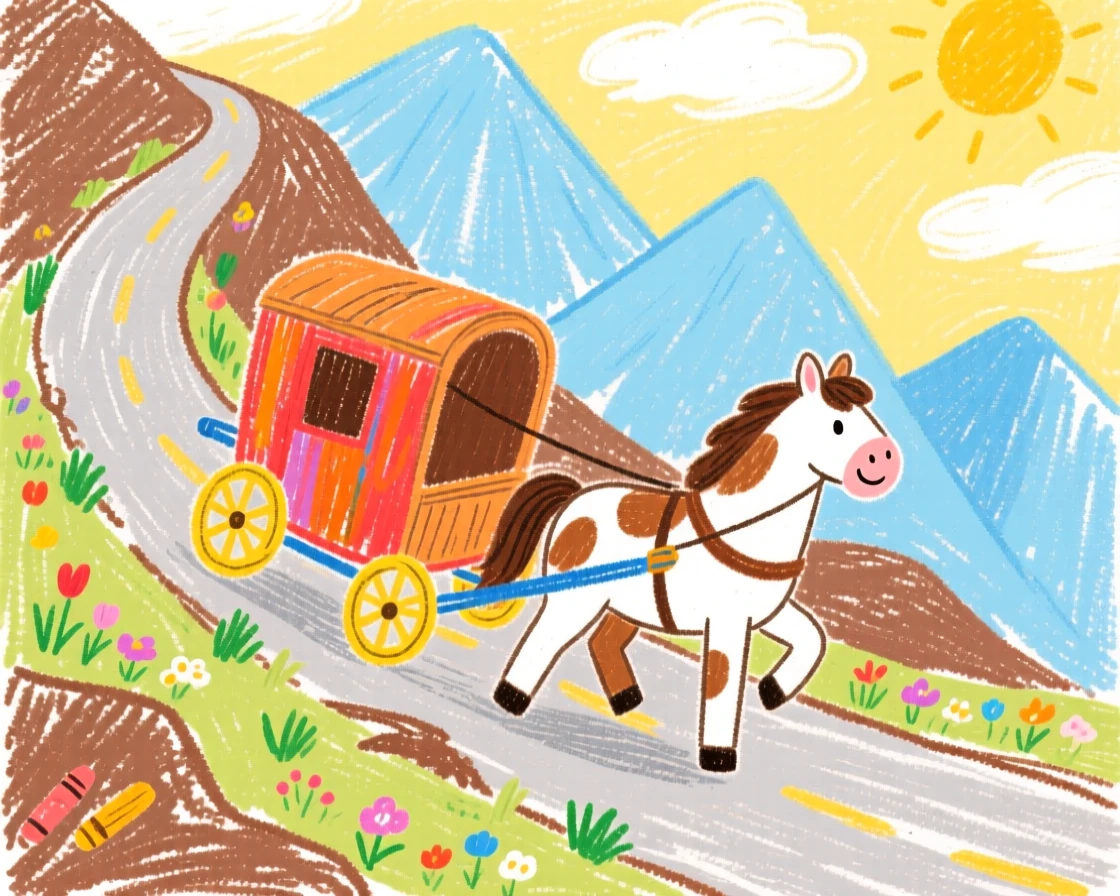 A horse drawn carriage climbing a winding mountain road.