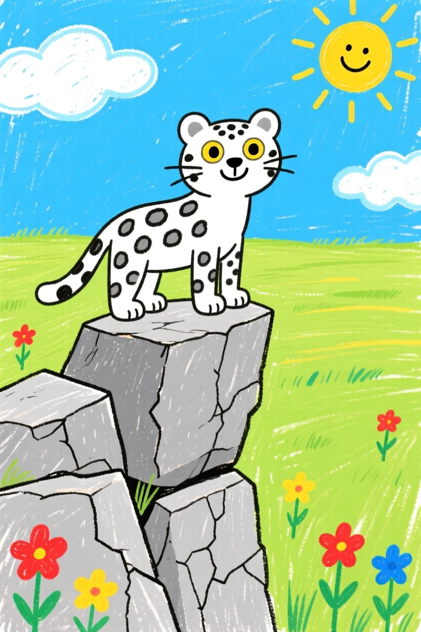 A snow leopard on a rocky cliff on a wide open grassy plain.