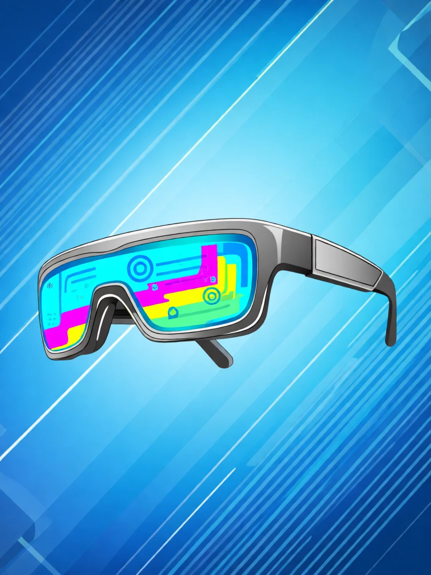 A pair of augmented reality glasses reflecting a colorful interface, set against a backdrop of soft ambient blue light, composed with dynamic diagonal lines suggesting motion, with sleek metallic textures catching soft light.