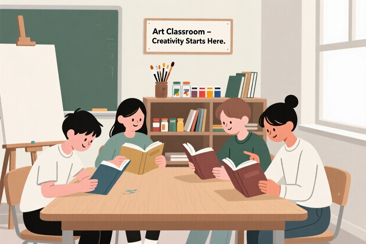 A group of students reading together in an art classroom.