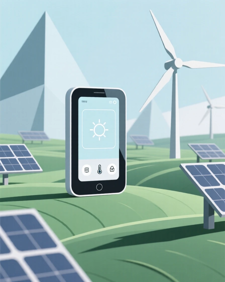 A sleek smart home control panel placed in a renewable energy field, surrounded by clean geometric surfaces, conveying futuristic optimism.