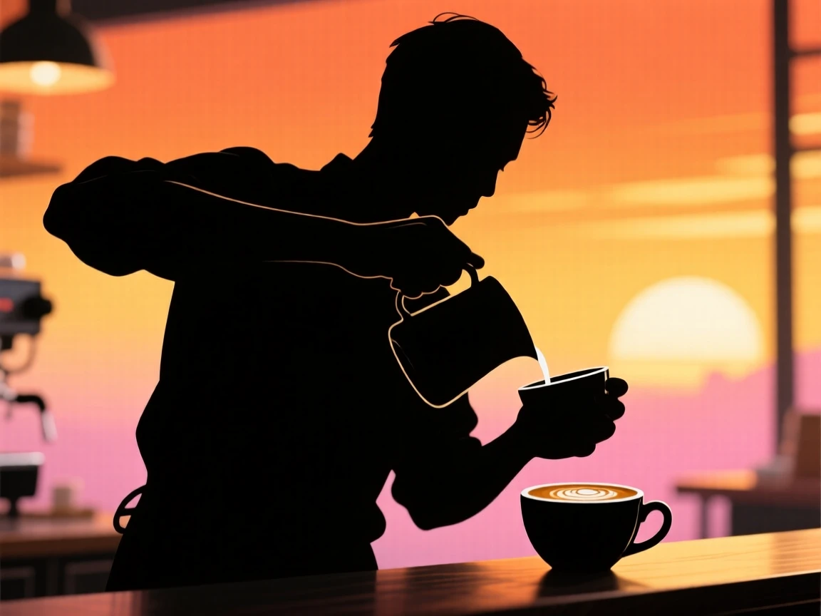 A barista carefully pouring latte art into a ceramic cup.