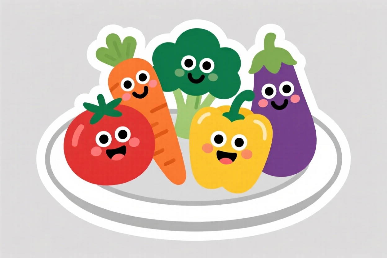 A fun and approachable friendly vegetable characters forming a healthy plate, with a big warm smile, perfect for a classroom or nursery.