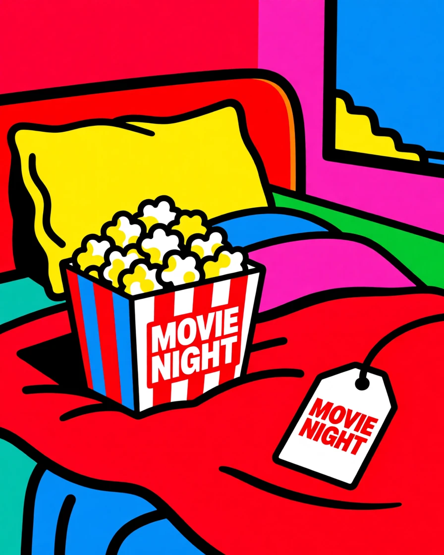 Cozy movie night setup with popcorn and blankets
