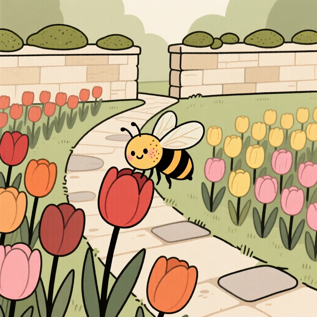 A winding path leads through a walled English garden bursting with tulips in neat rows, where a honeybee pauses among the blooms.