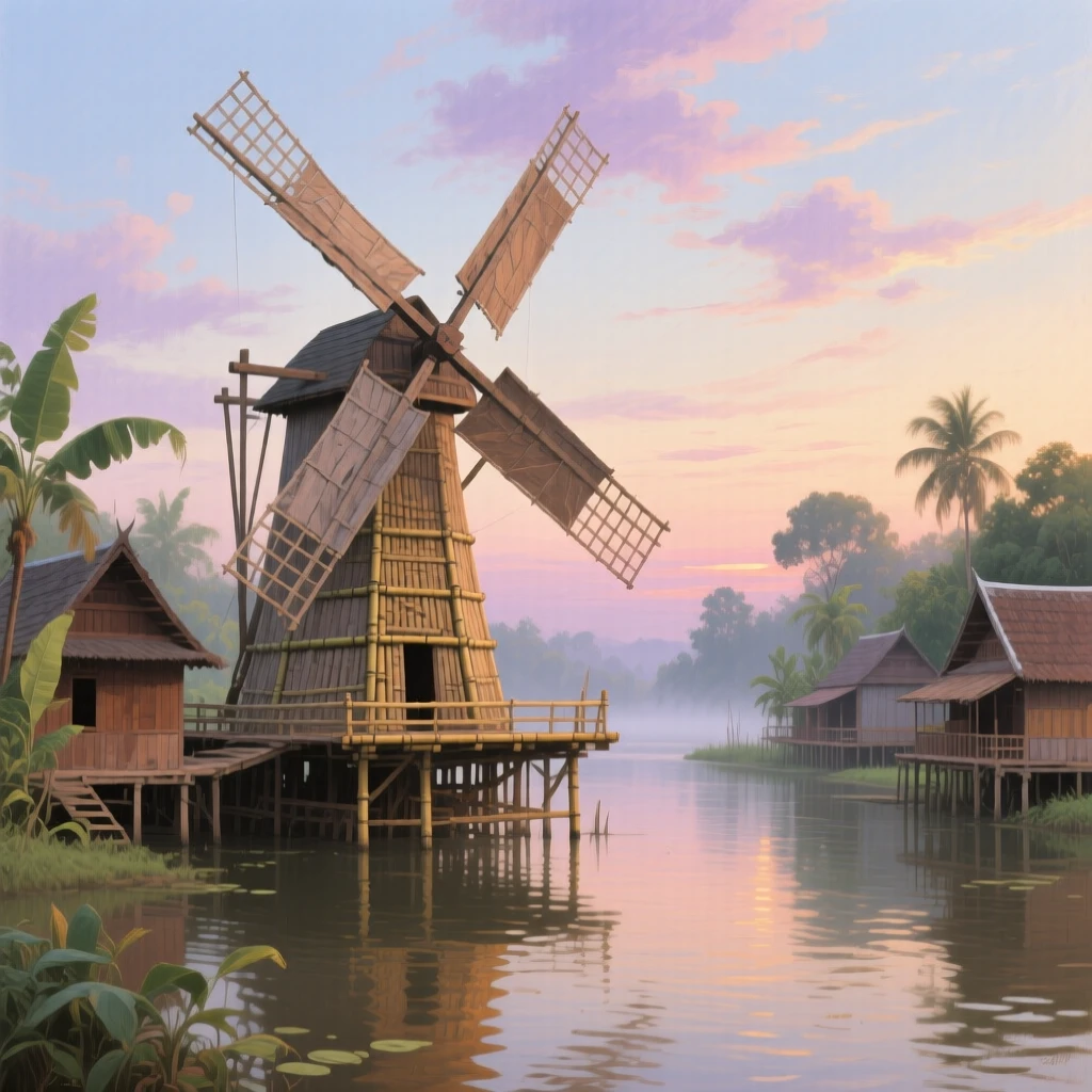 A medium shot of an old windmill turning slowly against a pastel evening sky, in a Thai river village, in the 18th century, in early morning light.