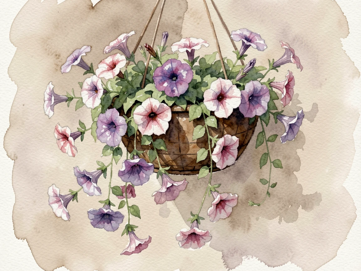 A hanging basket of trailing petunias against a soft neutral backdrop.
