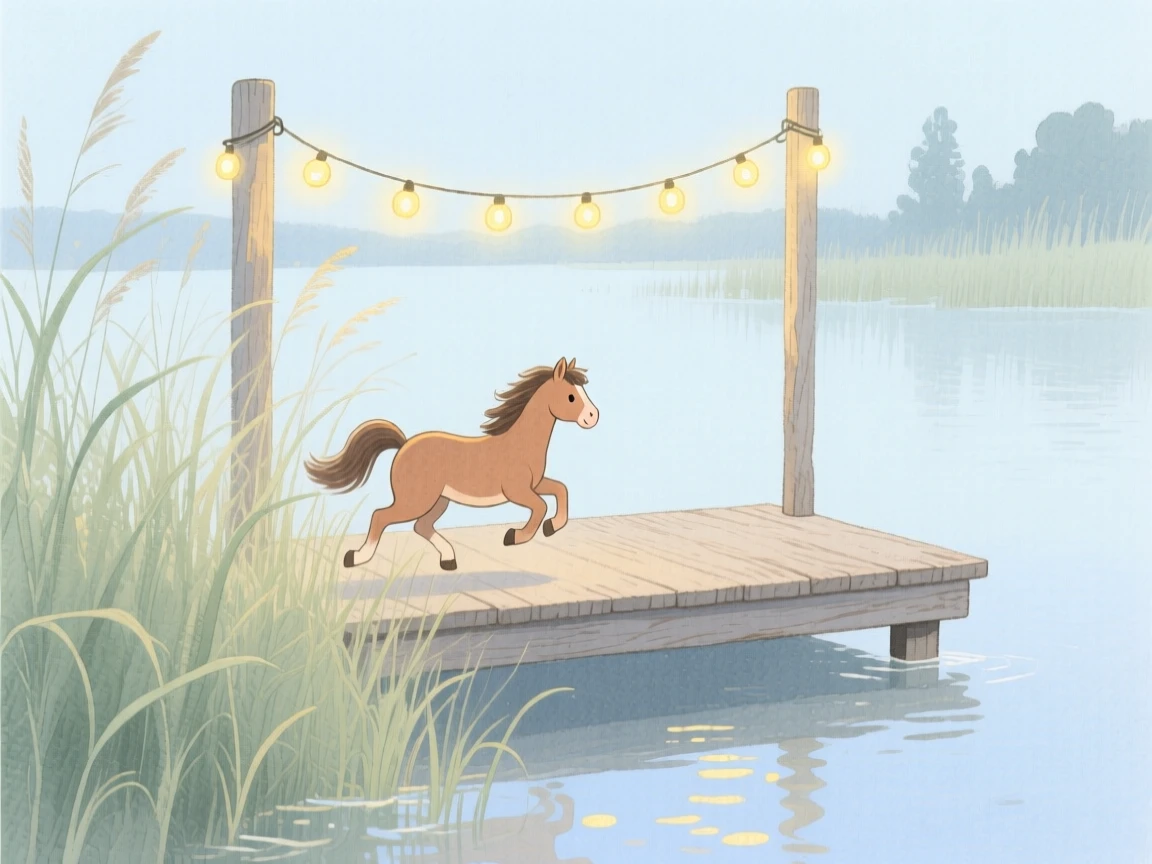 A miniature pony hops through tall grass in a quiet lakeside dock, with a string of fairy lights glowing above