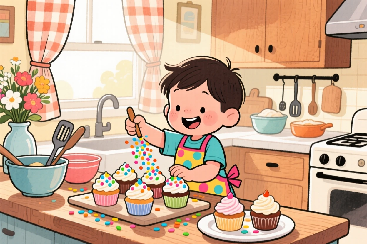 A child decorating cupcakes with colorful sprinkles at the kitchen counter, evoking warmth, comfort, and togetherness.