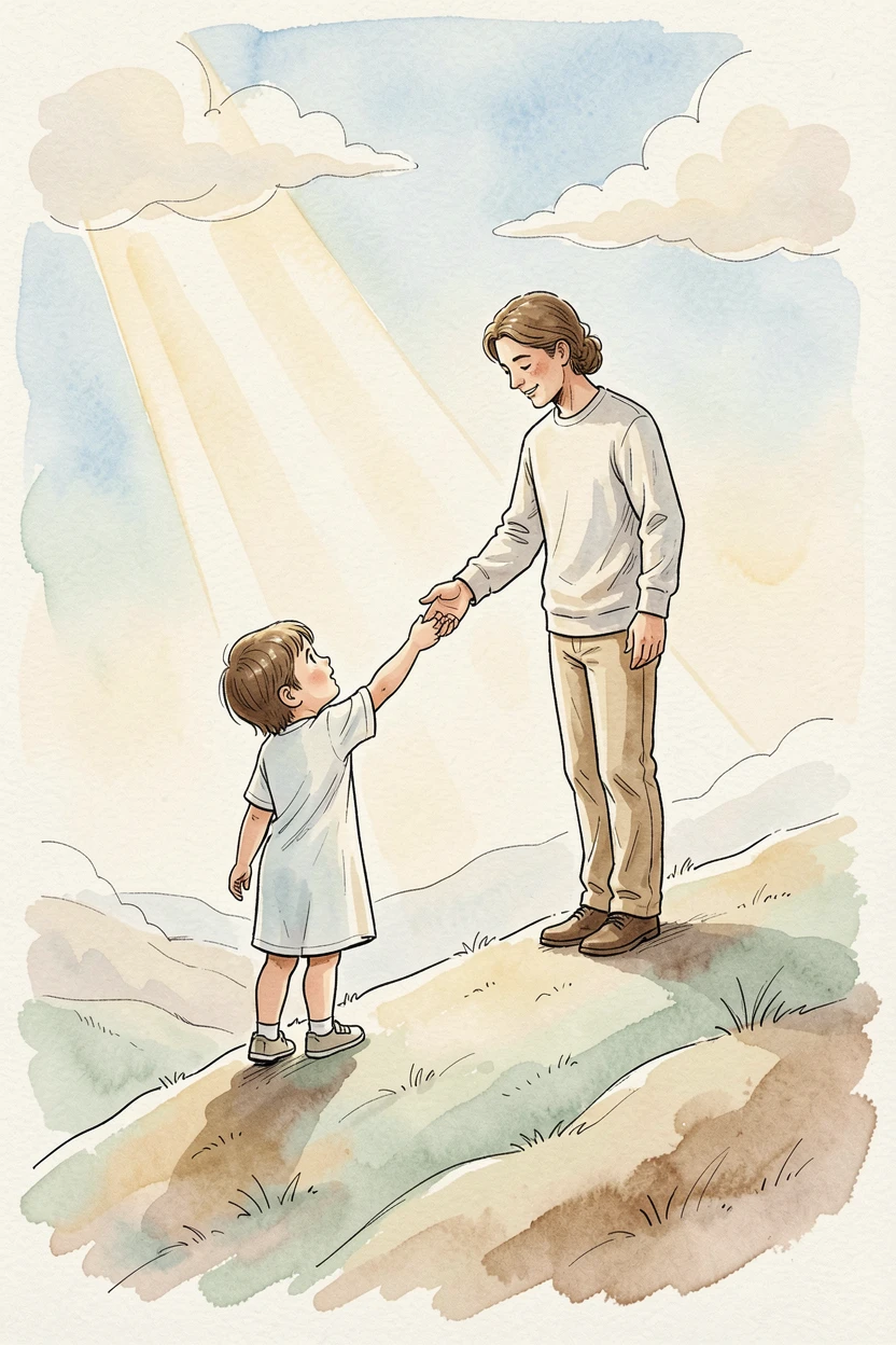 A child reaching for the outstretched hand of a parent atop a hill, soft light breaking through to suggest new beginnings.