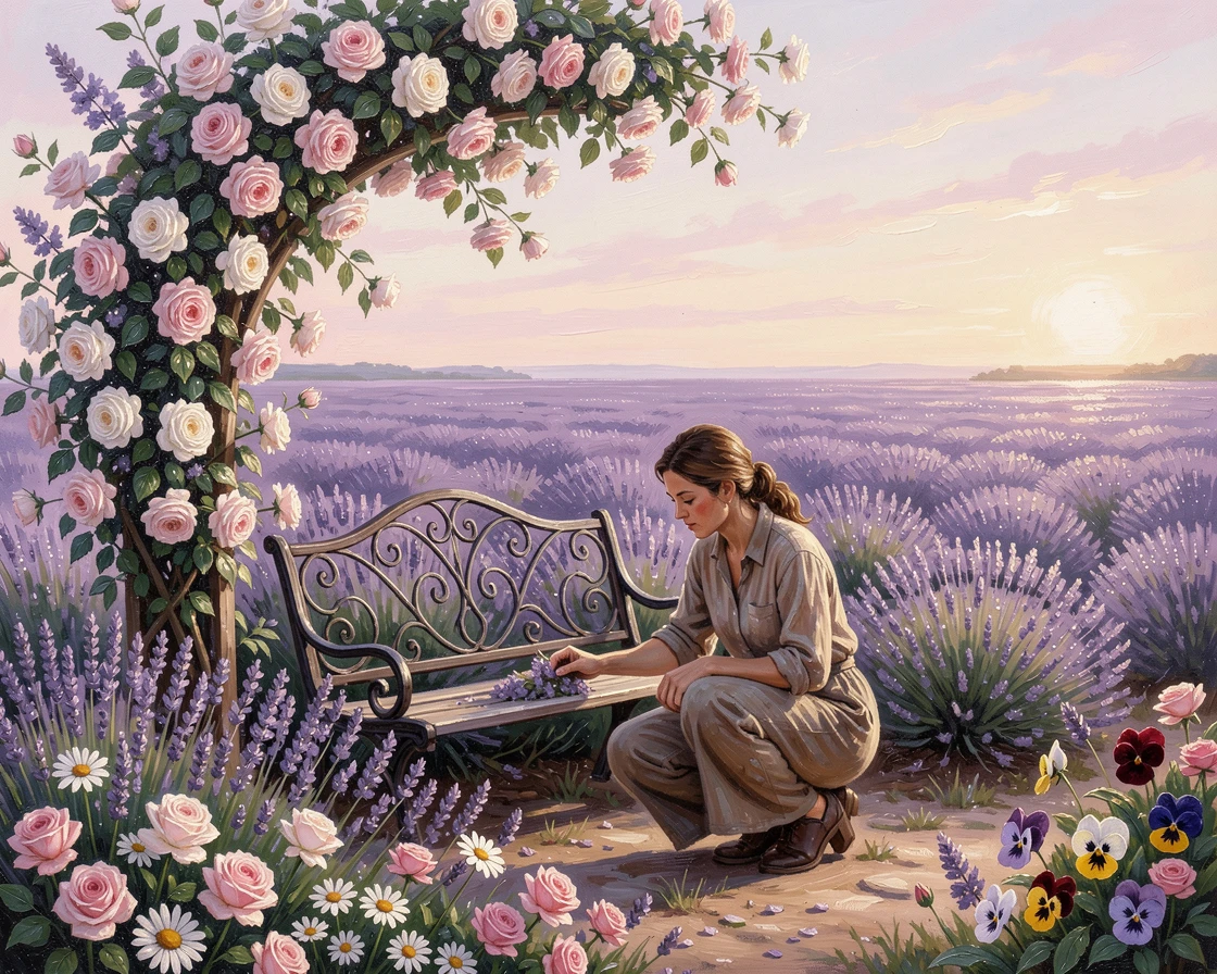 A field of lavender stretching to the horizon, with a wrought-iron bench tucked beneath a flowering arbor, a gardener kneeling quietly, tending the flower beds, in early morning, dew still clinging to every petal.