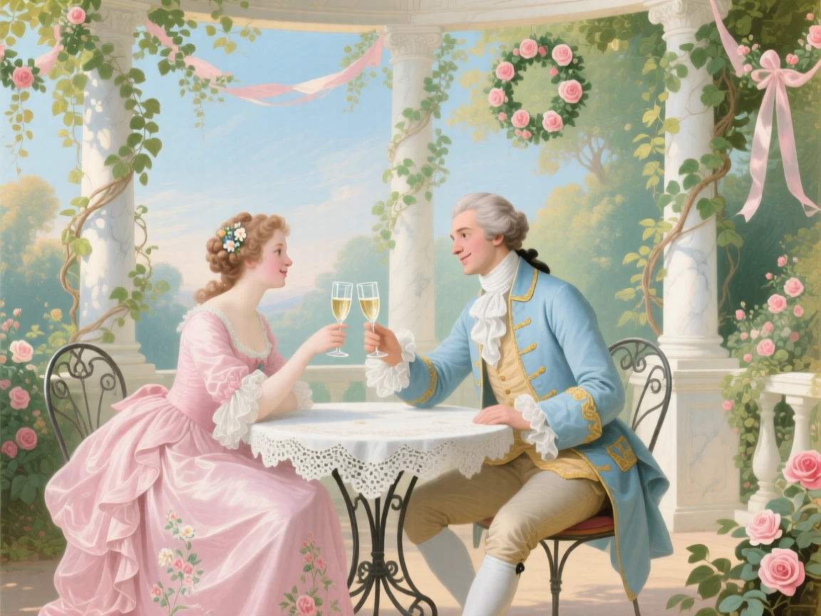 A young couple sharing a private toast in an ivy-covered pavilion  